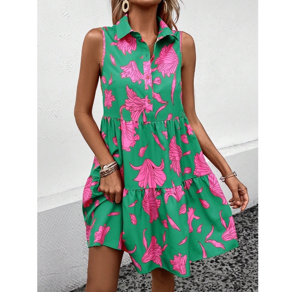 Floral Print Green Pink Babydoll Short Dress Sleeveless Button Front Neckline